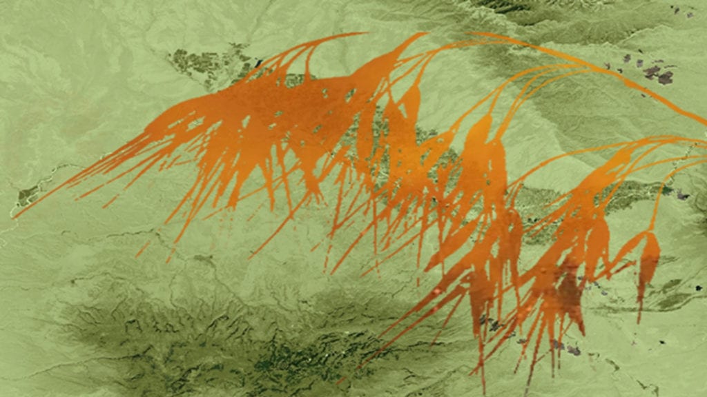 Cheatgrass outlined with wild fire over Normalized Difference Vegetation Index (NDVI) of Colorado National Monument. Image Credit: Colorado National Monument Ecological Forecasting Team