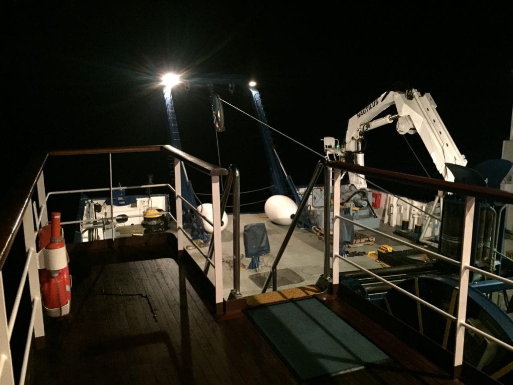The aft deck of the E/V Nautilus just before a midnight watch begins