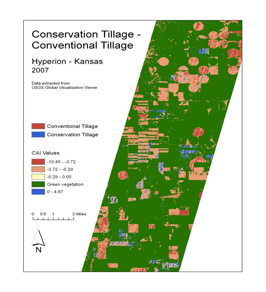 This image shows tillage classification derived from the Cellulose Absorption Index, which indicates crop residue. The accuracy of the classification distinguishing conventional tillage and conservation tillage was about 80%, and comparable to the accuracy of current monitoring methods. Ground data was obtained from Dr. Craig Daughtry, a research agronomist with the USDA-ARS Hydrology and Remote Sensing Laboratory in Beltsville, Maryland, from the same area shown within the bounds of the NASA Hyperion satellite swath above.