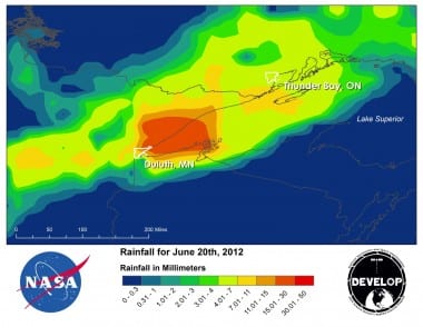 TRMM Mission rainfall measurements for June 20, 2012 in the Duluth, Minnesota, and Thunder Bay, Ontario, study areas. Image Credit: DEVELOP