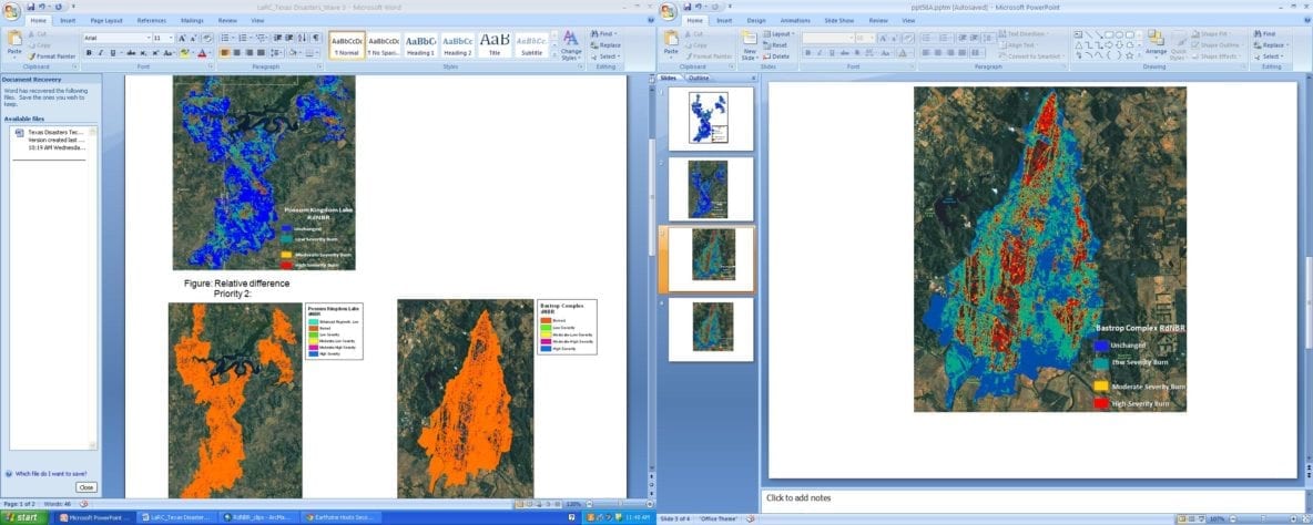 Images showing relative difference Normalized Burn Ratios (RdNBR) showing four levels of burn severity in the Possum Kingdom Lake (left) and Bastrop Complex (right) fires.