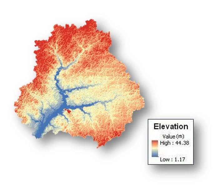 This image shows the visual results of preprocessing the original digital elevation model data of each spatial resolution in ArcGIS to create the inputs needed to run the Coupled Routing and Excess Storage hydrologic model. Images created by the NASA Goddard Space Flight Center DEVELOP Choptank Watershed team.