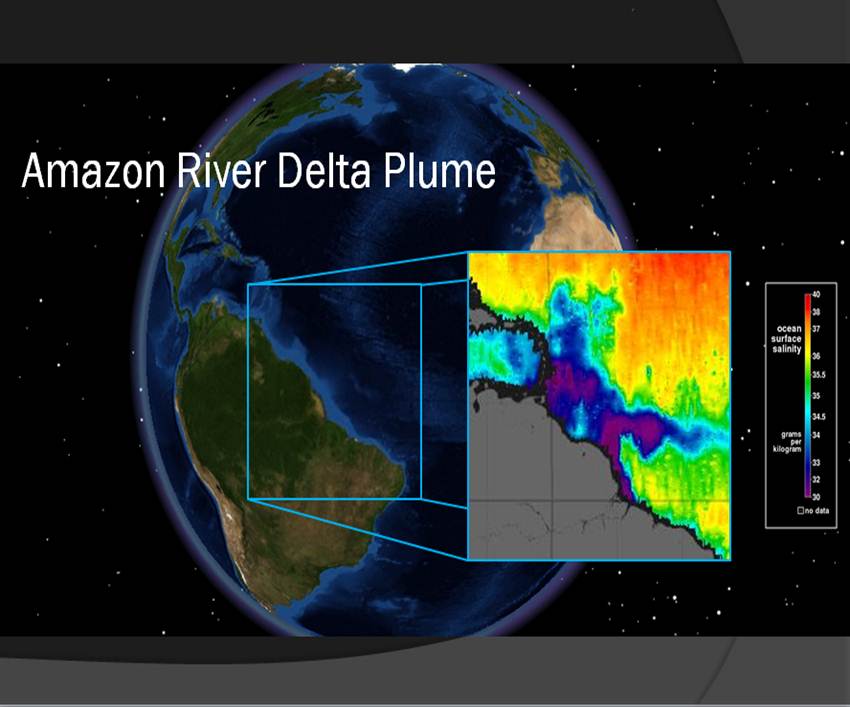 Image showing Aquarius sensor sea surface salinity used to monitor the Amazon river delta plume