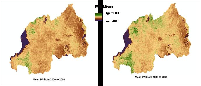 An EVI map of Rwanda derived from TerraÛªs MODIS sensor showing the average vegetation cover change during reforestation efforts from 2000 to 2011. Image Credit: DEVELOP Langley Team.