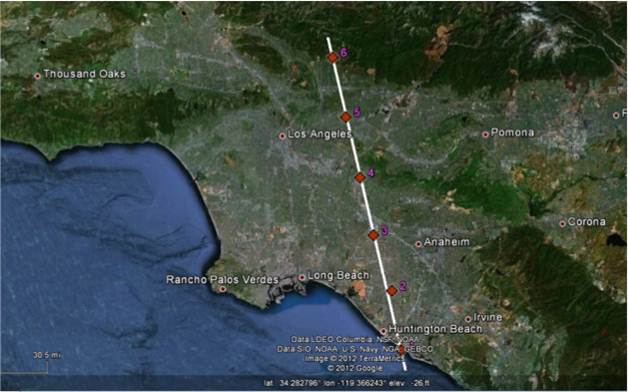 A map showing the modeled future OCO-2 Path along the LA Basin using six geographic points. For each geographic point, 5 altitude points were used for XCO2 calculation.