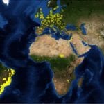 Map of the earth showing GHSL data coverage (yellow), in August 2012.