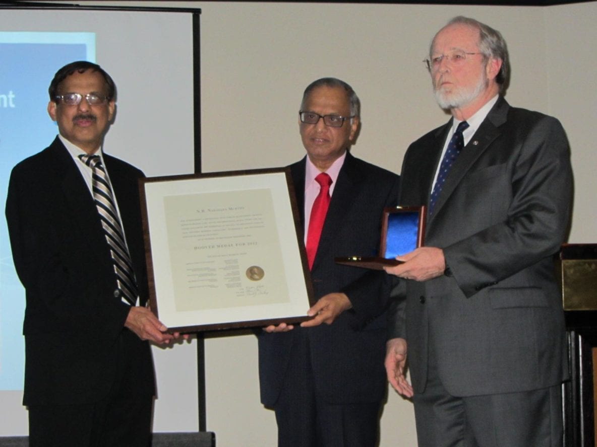 N. R. Narayana Murthy receives the Hoover Medal Award, presented by IEEE President Gordon Day. Image Credit: ptsai2012