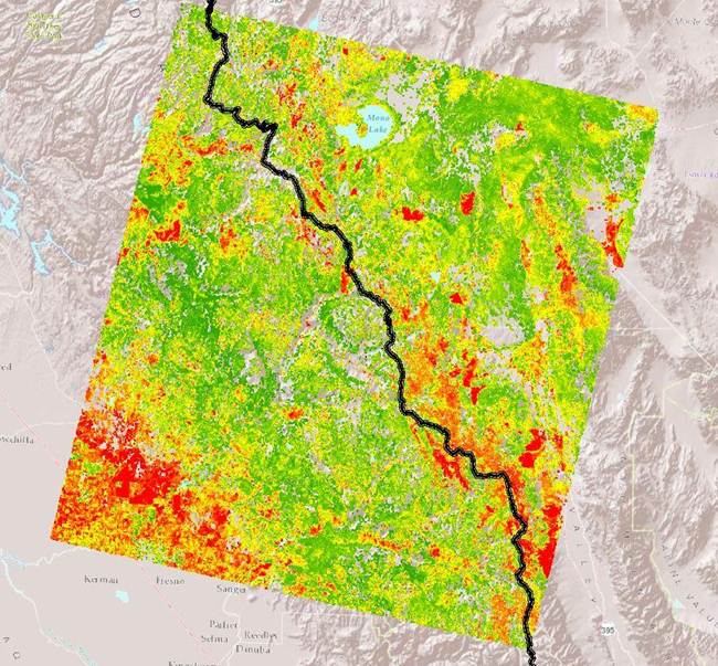 Map showing Landsat-based detection of trends in disturbance and recovery (LandTrendr) magnitude of disturbance map from 1984-2011 including Inyo and Sierra National Forests.