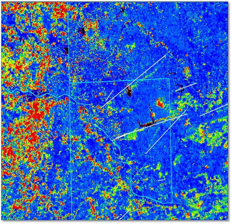 MODIS NDVI image showing intra-seasonal change detection for May 16-June 9, 2010