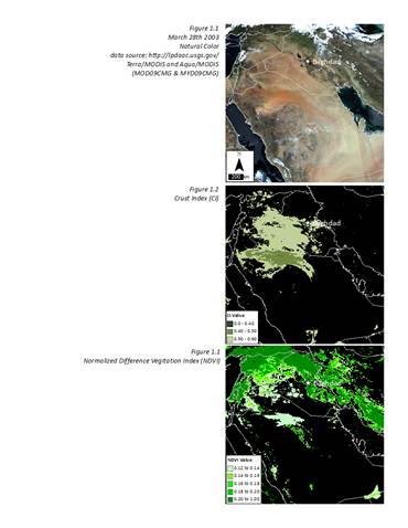 This image is a snapshot of March 28, 2003, right after a major dust storm. The top image is the natural color, the middle image illustrates crust index, and the bottom image is normalized difference vegetation index.