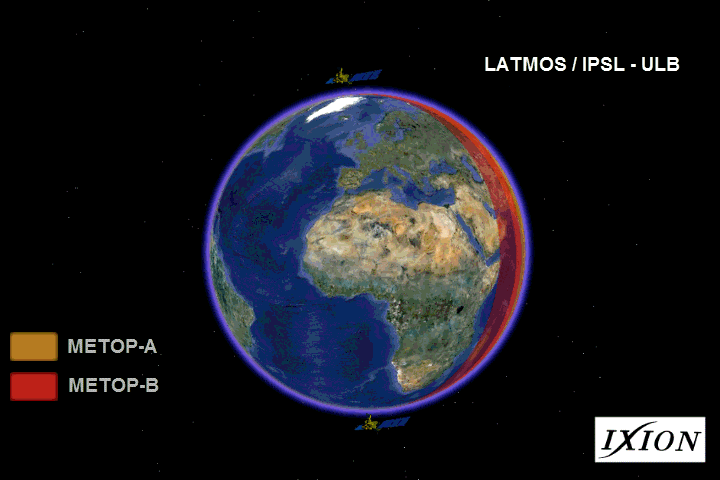 Animation showing MetOp-A and MetOp-B flying simultaneously. Half an orbit (~50 minutes) is separating the two satellites. Image Credit: Maya George/LATMOS, image made using IXION/IPSL software.