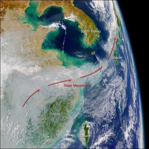 Satellite imagery showing pollution over China blowing out to sea. Source: SeaWiFS Project, NASA/Goddard Space Flight Center, and ORBIMAGE.