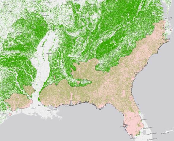 Map showing potential longleaf sites based on land cover type and habitability model in the American southeast.