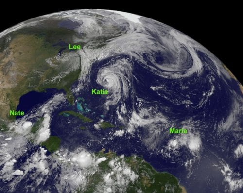 GOES image of four Atlantic Storms on Sept. 8, 2011. Image Source: NASA/NOAA GOES Project