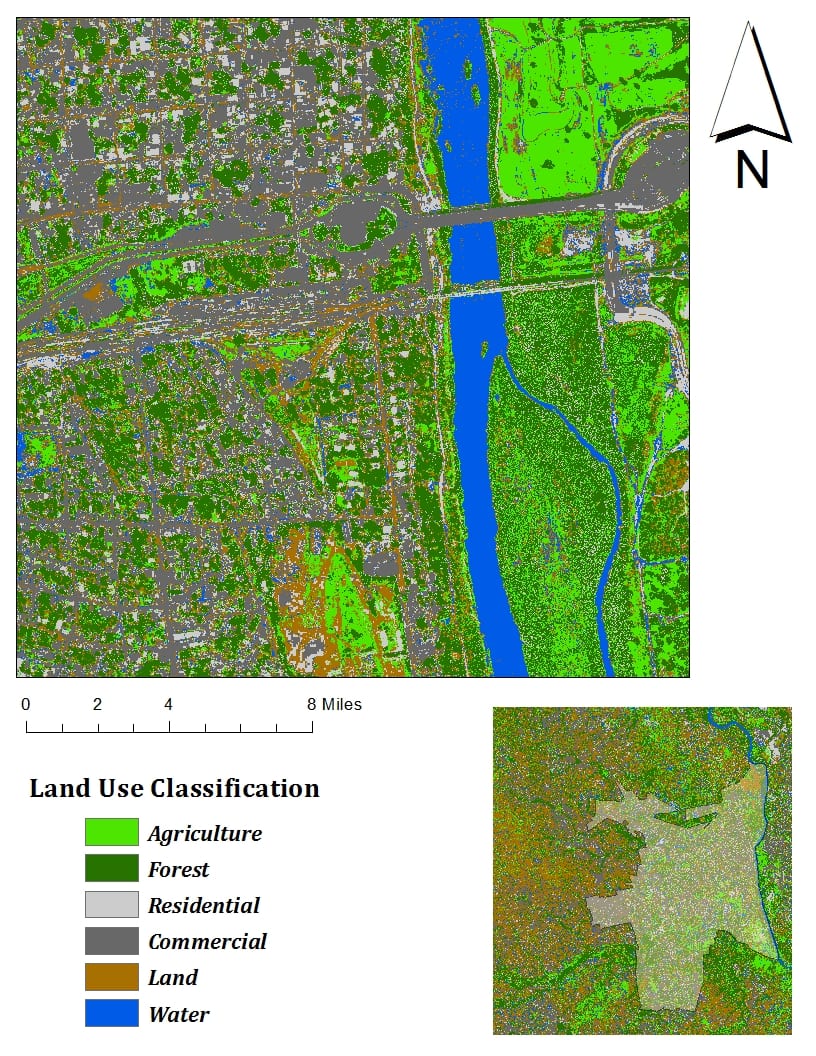 Land classification created to assist in determining the peak discharge and overland flow during flood events, derived from USGS aerial photographs. Image Credit: DEVELOP Wise Team.