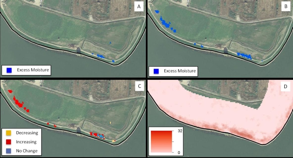 Images A and B depict levee seeps on June 16, 2011, at 4:14 a.m. and 7:00 a.m. local time, respectively. Image C depicts the change in classed pixels from the two seep detection products. Image D depicts the frequency of seeps along the levee over the 32 UAVSAR flights. Image Credit: DEVELOP JPL Team.