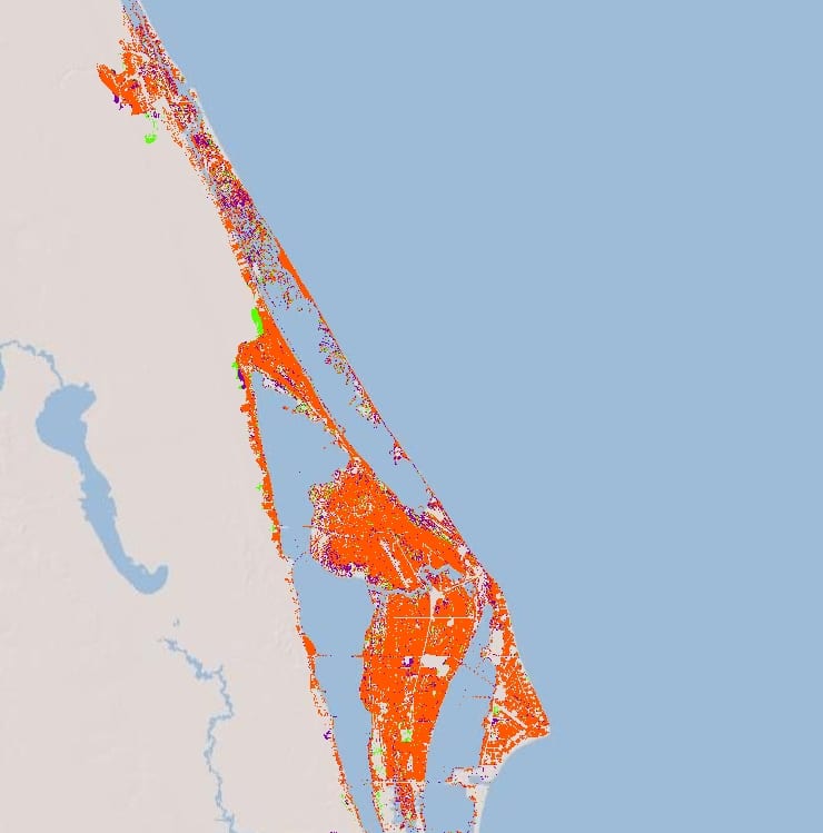 A Mangrove forest ecosystem change extent map from years 2000 (orange), 2005 (purple) and 2010 (green) in southeast Florida using Landsat 5 Thematic Mapper imagery based on ISODATA unsupervised classifications. Image Credit: DEVELOP Goddard Team.