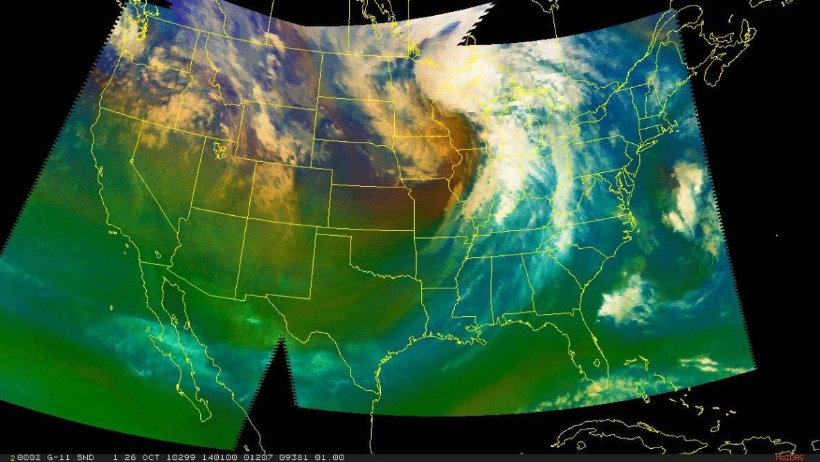 GOES-13 Sounder Red- Blue-Green (RGB) Air Mass product imagery from the GOES-R Proving Ground can be used to identify stratospheric intrusions, which appear as bright red regions in the RGB imagery and can result in destructive winds at the surface. During this project, the mesoscale structure and cloud features of the pictured Oct. 26, 2010, Midwest Cyclone were examined using MERRA and RUC data. Image Credit: DEVELOP SLU Team.