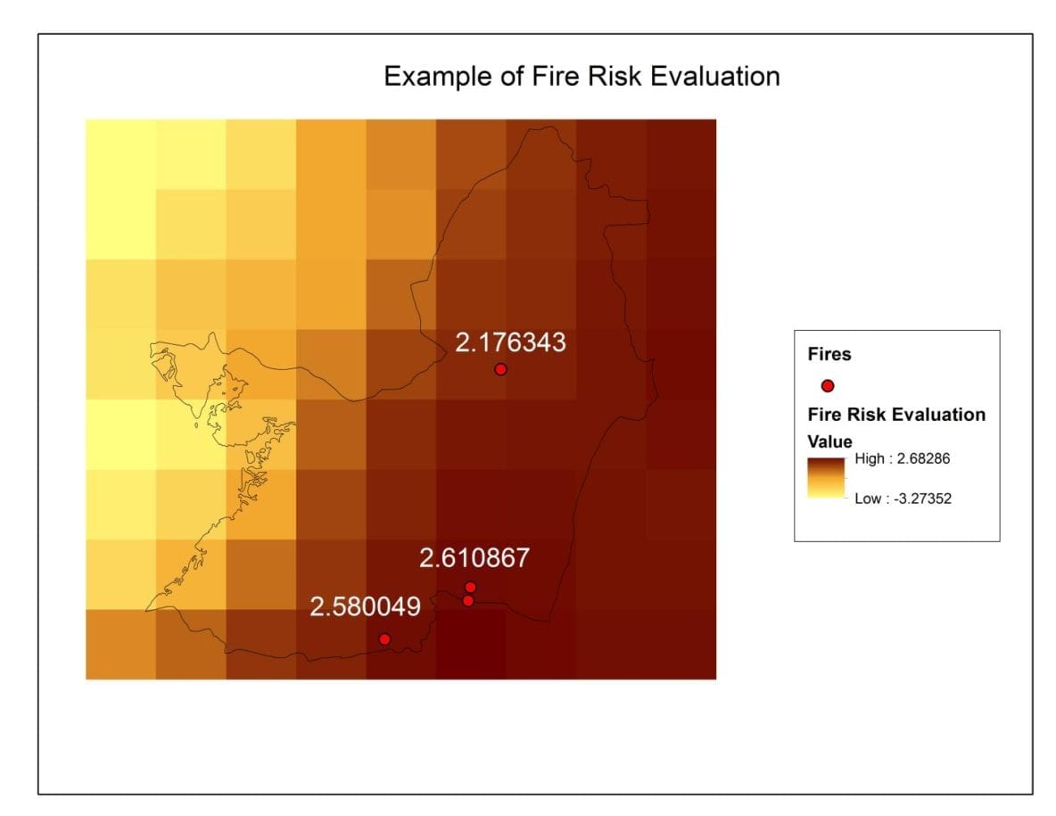 This is a fire risk evaluation of Valle Del Cauca based on TRMM data as shown for July 1- 30, 2012. The fire risk evaluation showed some agreement with the number of fires within the cells, as shown by the values above each of the fires. Image Credit: DEVELOP Marshall Team.