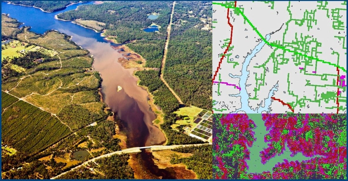 A highway construction-caused sediment plume impacting the J.B. Converse Reservoir, along with transportation and land cover classifications inputs for the SLEUTH model. Image Credit: Thigpen Photography and DEVELOP Mobile Team.