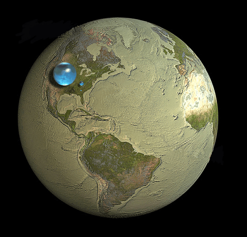 The volume of Earth's water compared to the size of Earth.