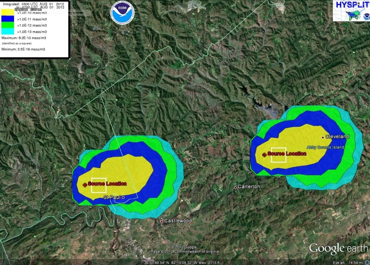 HYSPLIT Model dispersion outputs projected in Google Earth for Aug. 1, 2012, for the Virginia City Hybrid Energy Center on the left, and Clinch River Power Plant on the right. Image Credit: DEVELOP Wise Team.