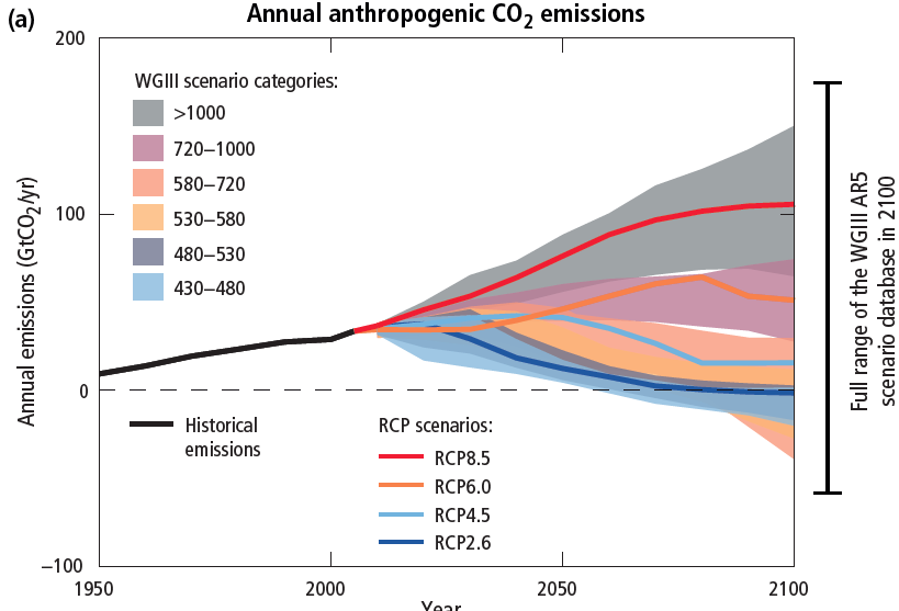 Annual anthropogenic CO2 emissions for different RCPs