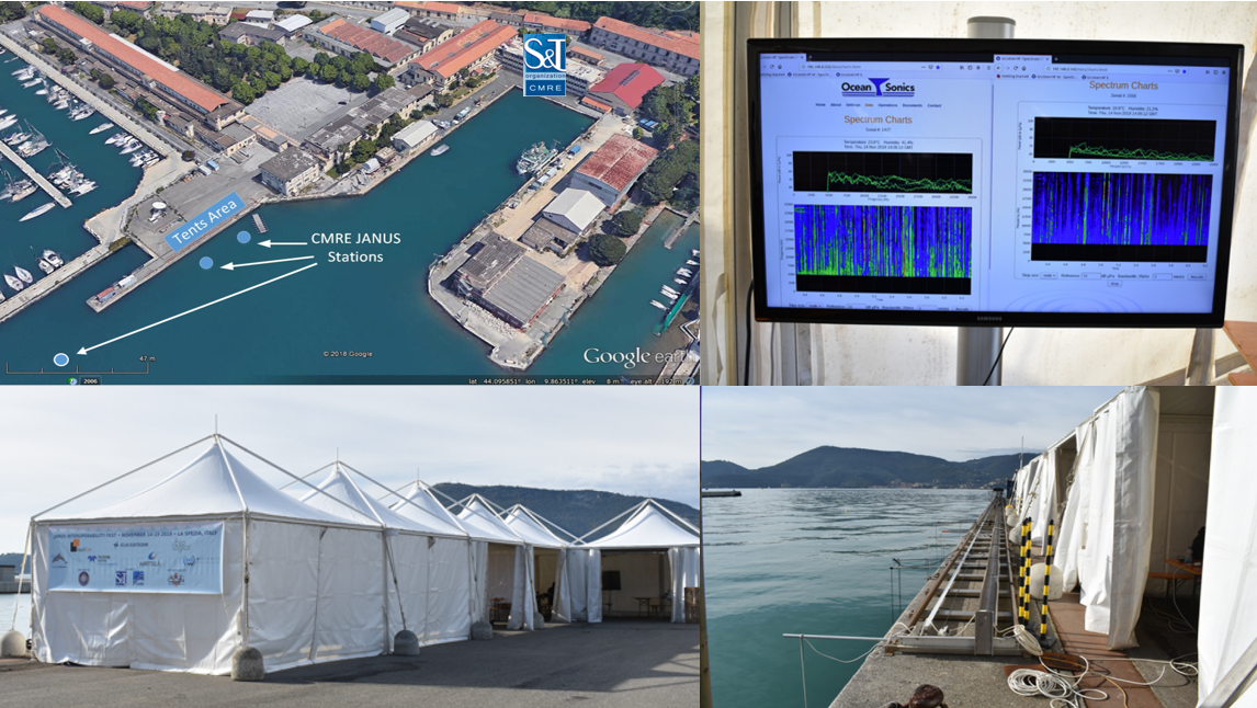 Top left: JANUS Fest area at CSSN-CMRE and deployed assets; Bottom Left: Tents installed to host participants; Top Right: Visualization of the spectrograms during the execution of the Fest; Bottom Right: Deployment at sea of equipment from the tents.