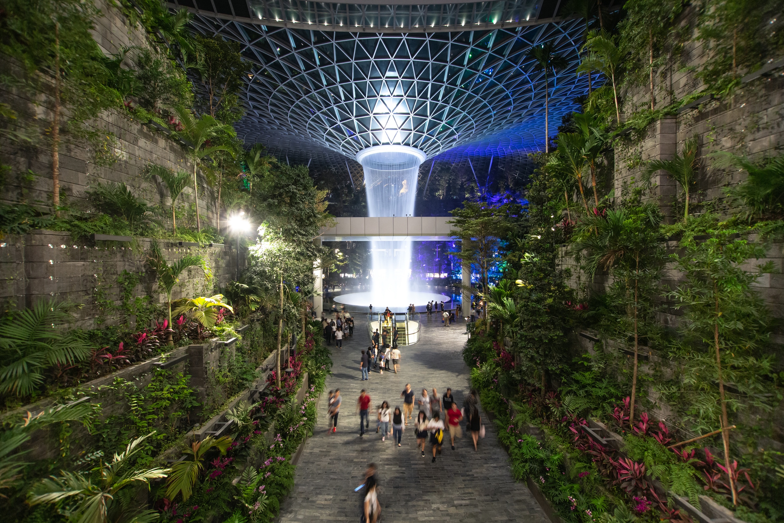 Changi Jewel, showing the indoor waterfall and laser show