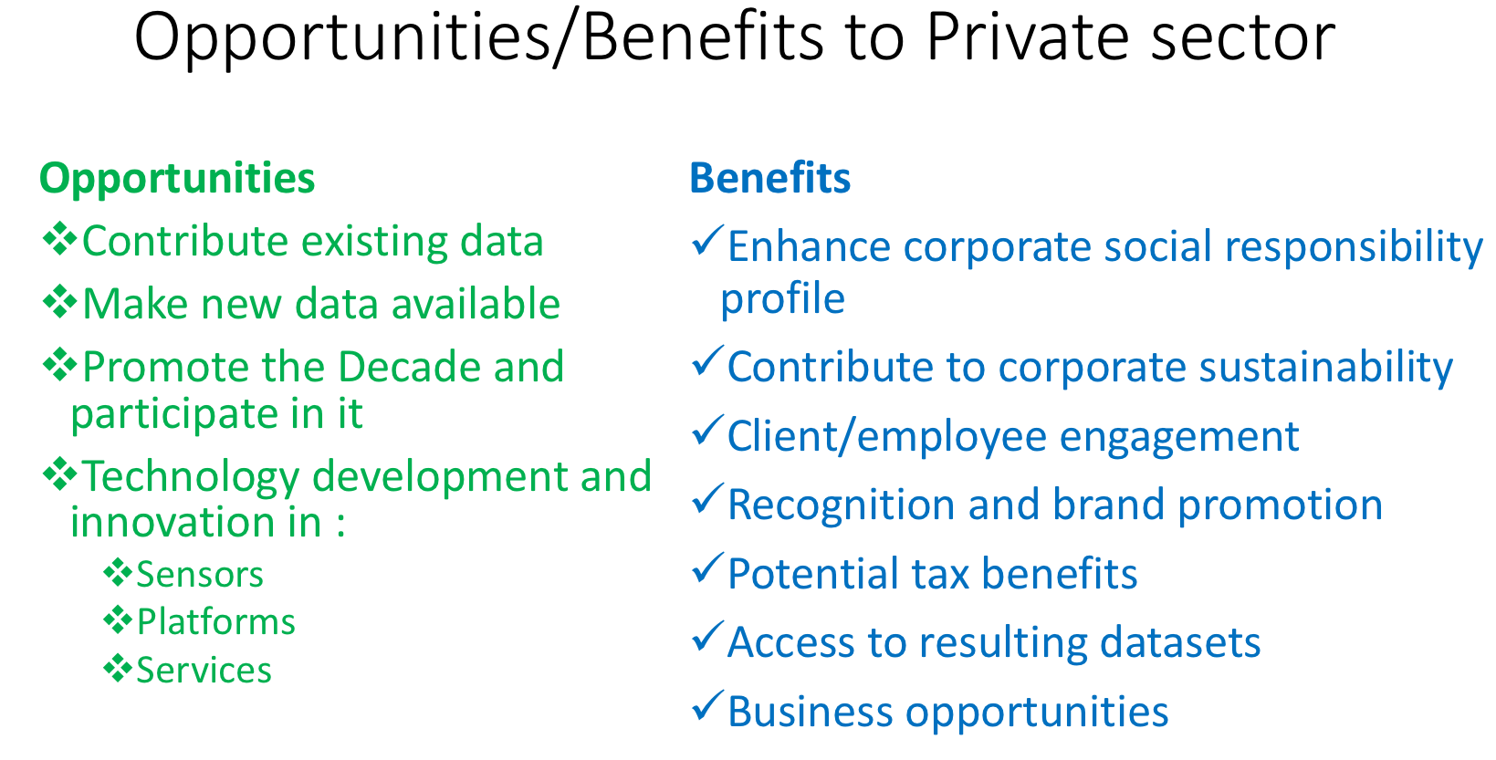 Opportunities/benefits to the Private sector by participating in the Decade