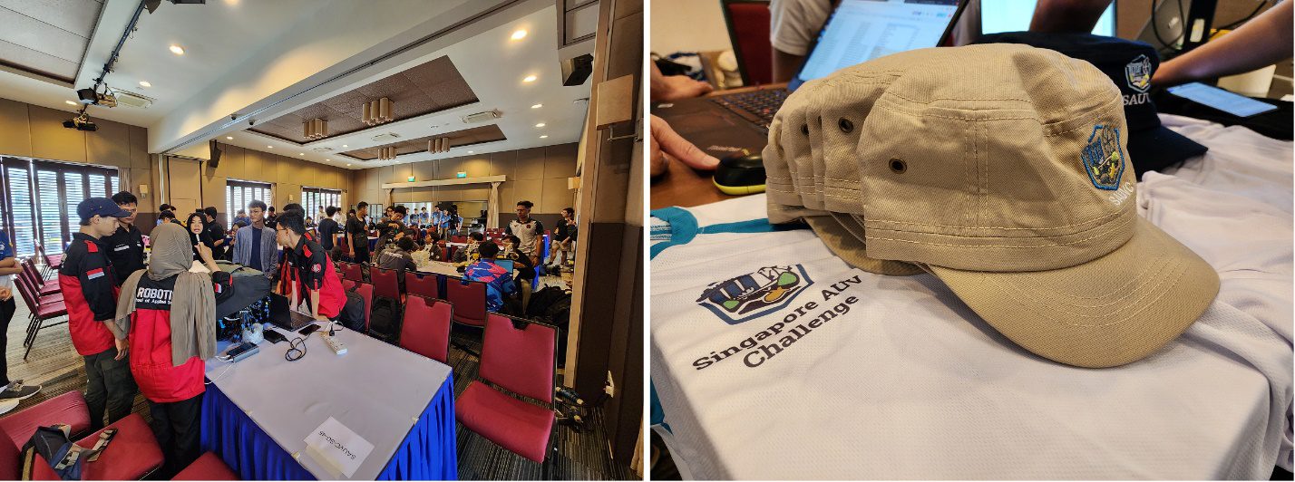 Teams setting up in the Singapore Polytechnic hall and interacting with the organizers, and SAUVC goodies!